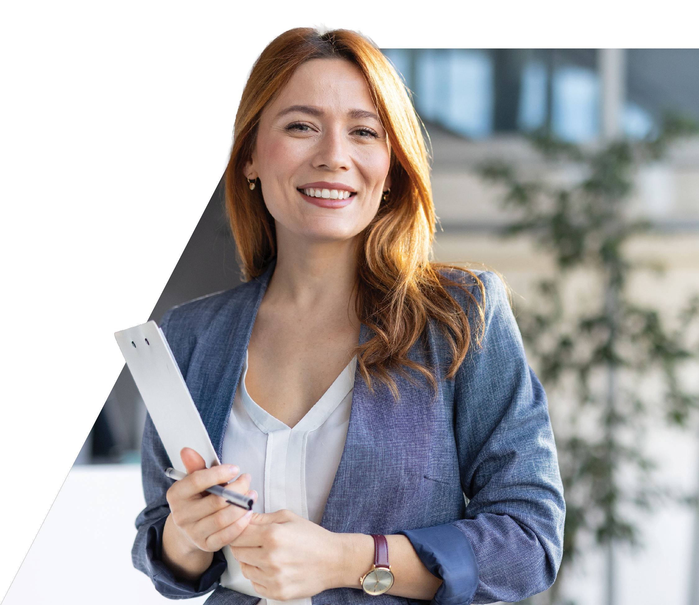 Real estate agent with clipboard ready to help